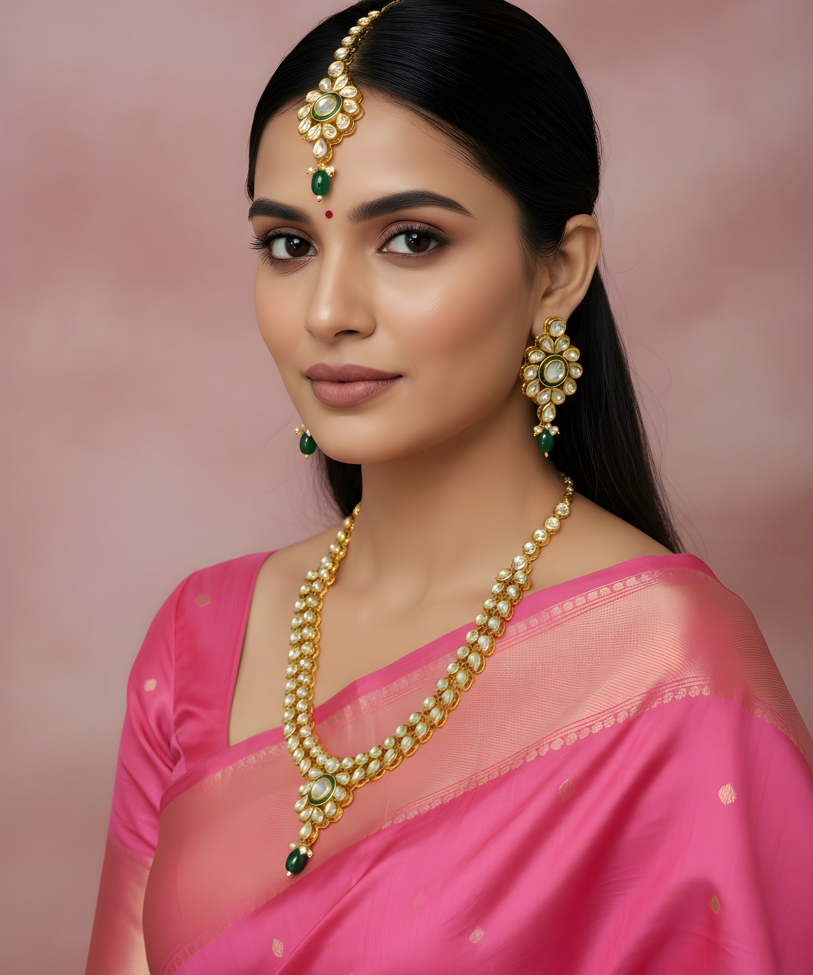 Woman in a pink saree with gold jewelry against a pink background