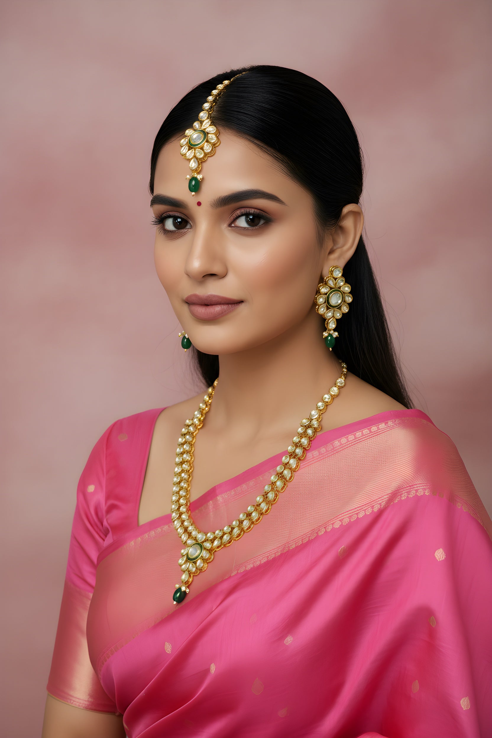 Woman in a pink saree with gold jewelry against a pink background