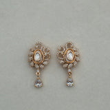 Pair of gold earrings with gemstones on a light gray background