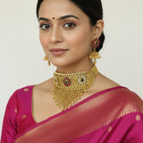 Woman wearing traditional jewelry and a pink saree against a plain background

