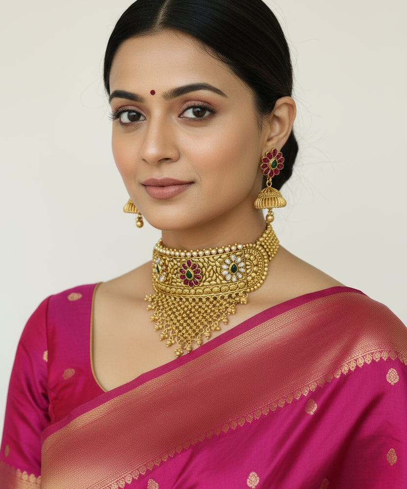 Woman wearing traditional jewelry and a pink saree against a plain background

