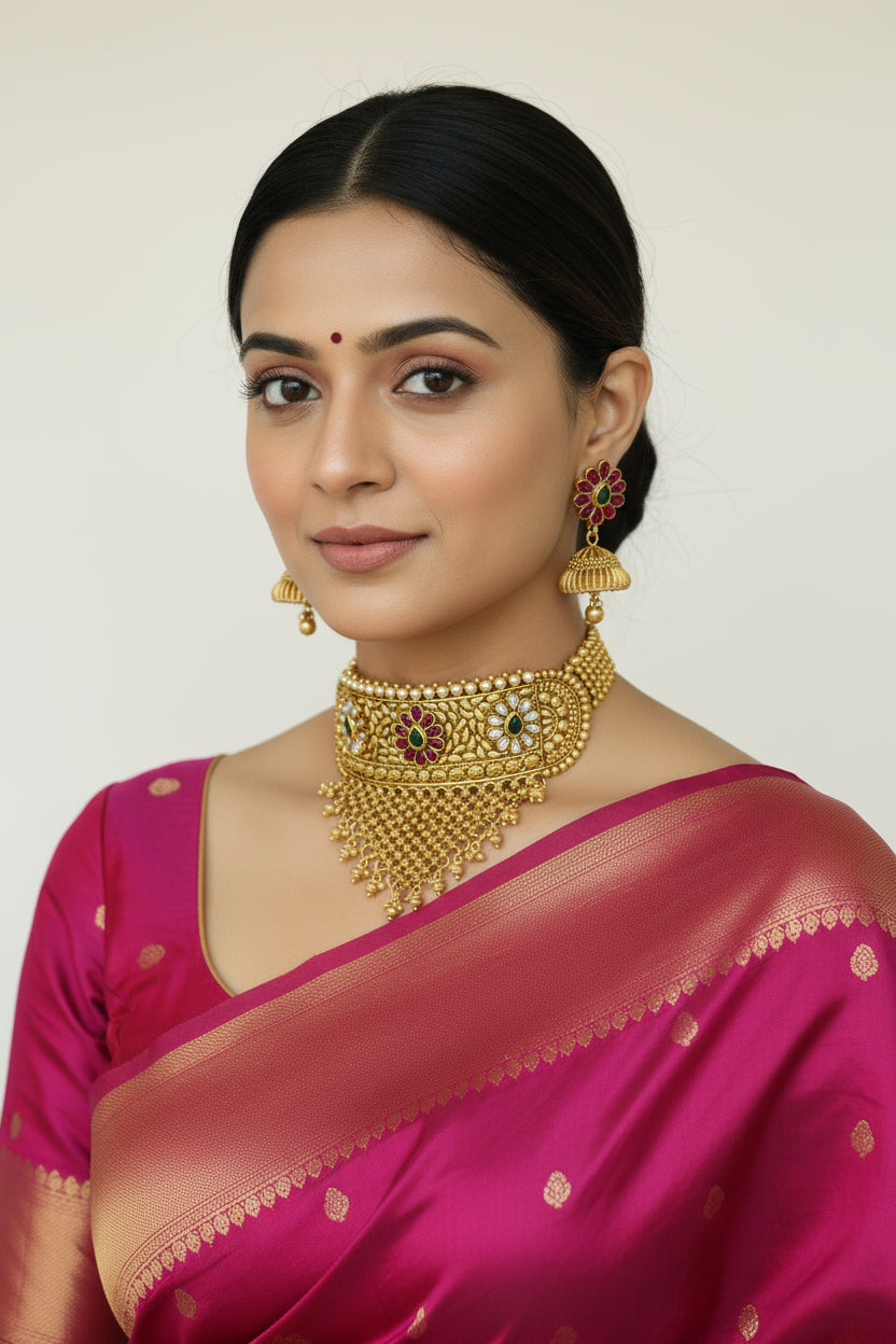 Woman wearing traditional jewelry and a pink saree against a plain background

