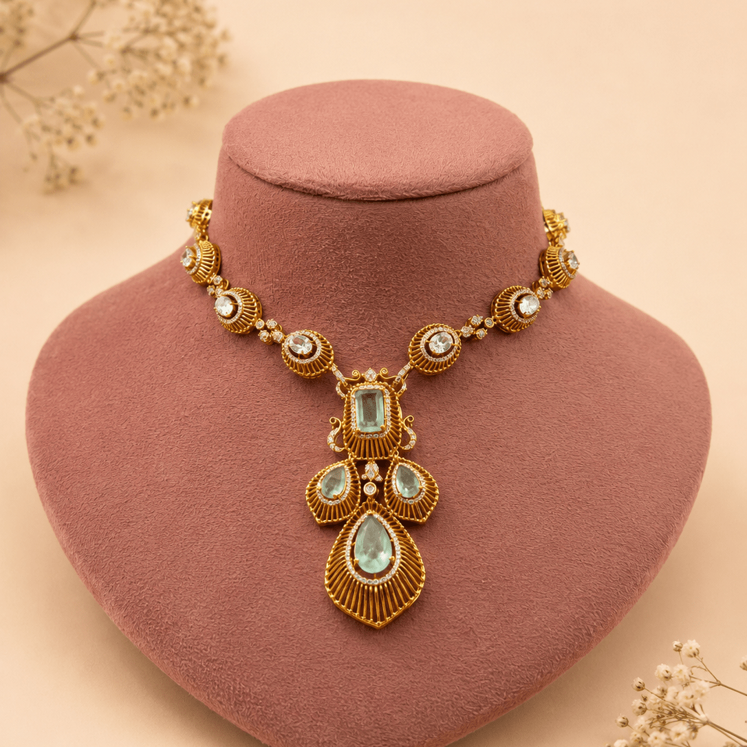 Aqua and Zircon Gold-Plated Statement Necklace Set - Suramya Designs