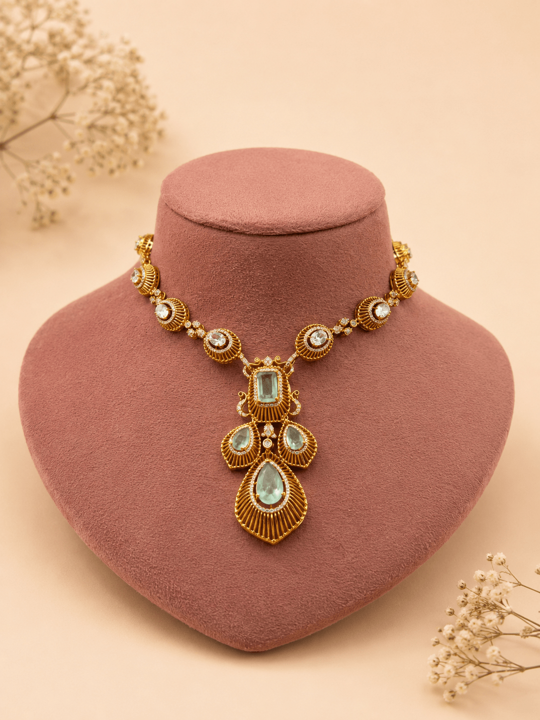 Aqua and Zircon Gold-Plated Statement Necklace Set - Suramya Designs