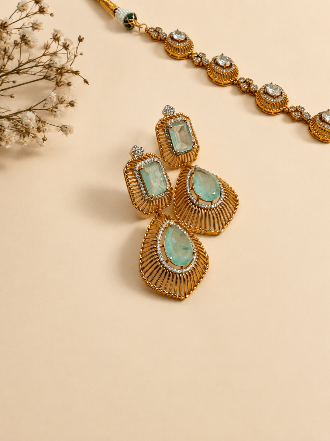 Aqua and Zircon Gold-Plated Statement Necklace Set - Suramya Designs