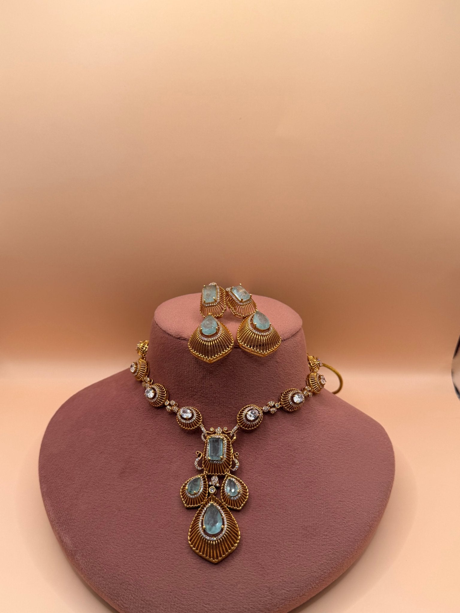 Aqua Stone &amp; Zircon Gold-Plated Statement Necklace Set - Suramya