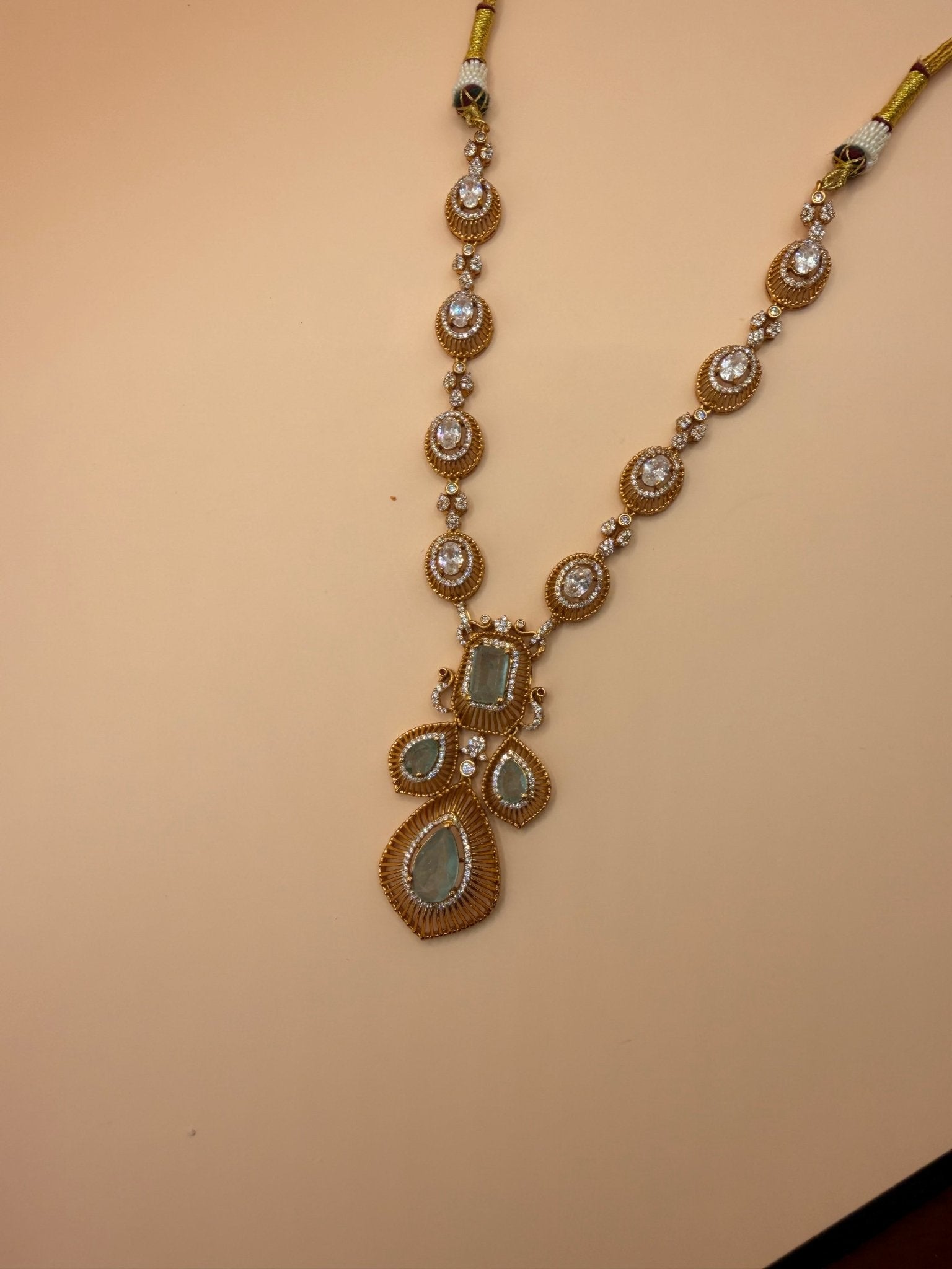 Aqua Stone &amp; Zircon Gold-Plated Statement Necklace Set - Suramya