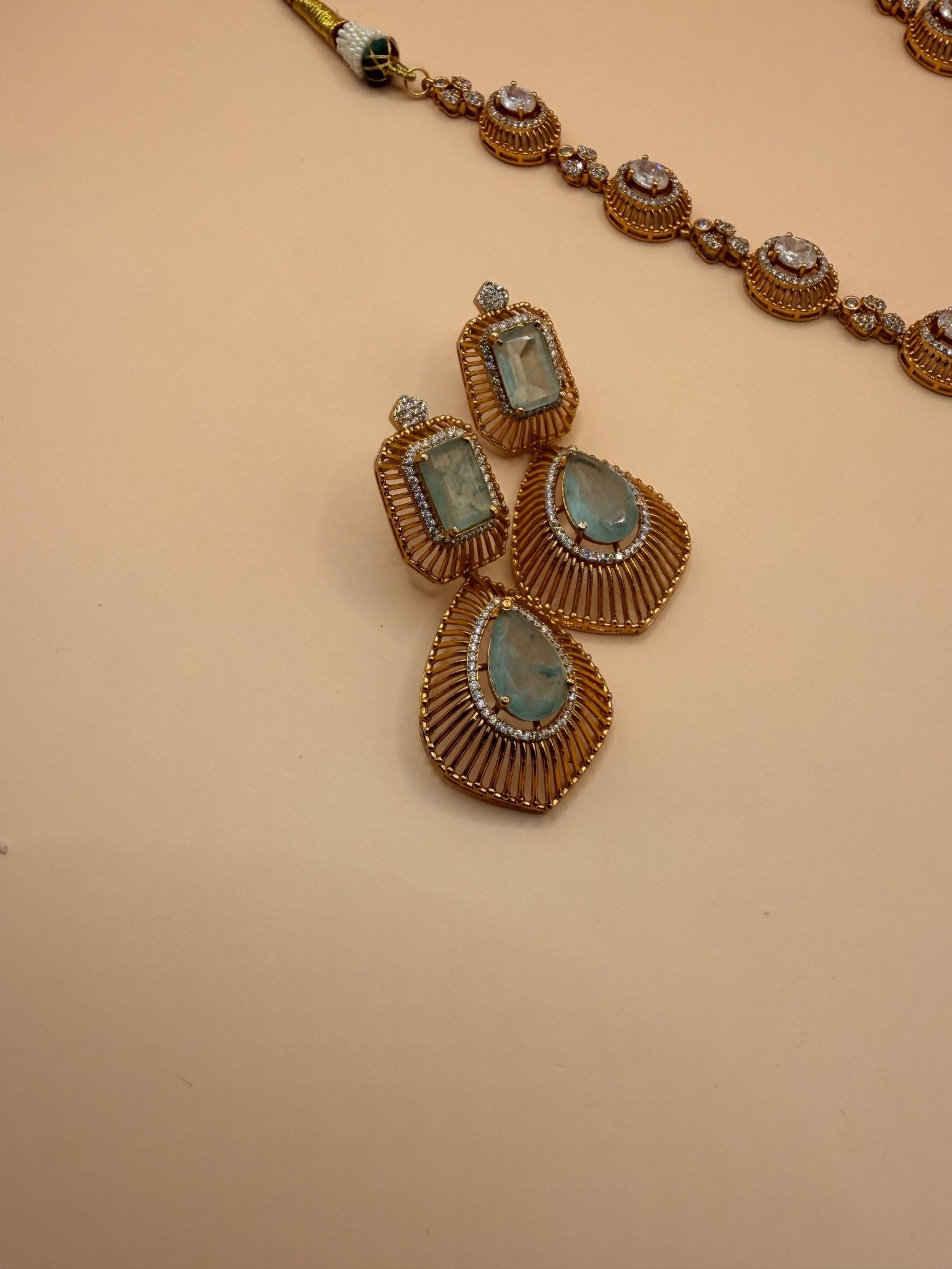 Aqua Stone &amp; Zircon Gold-Plated Statement Necklace Set - Suramya