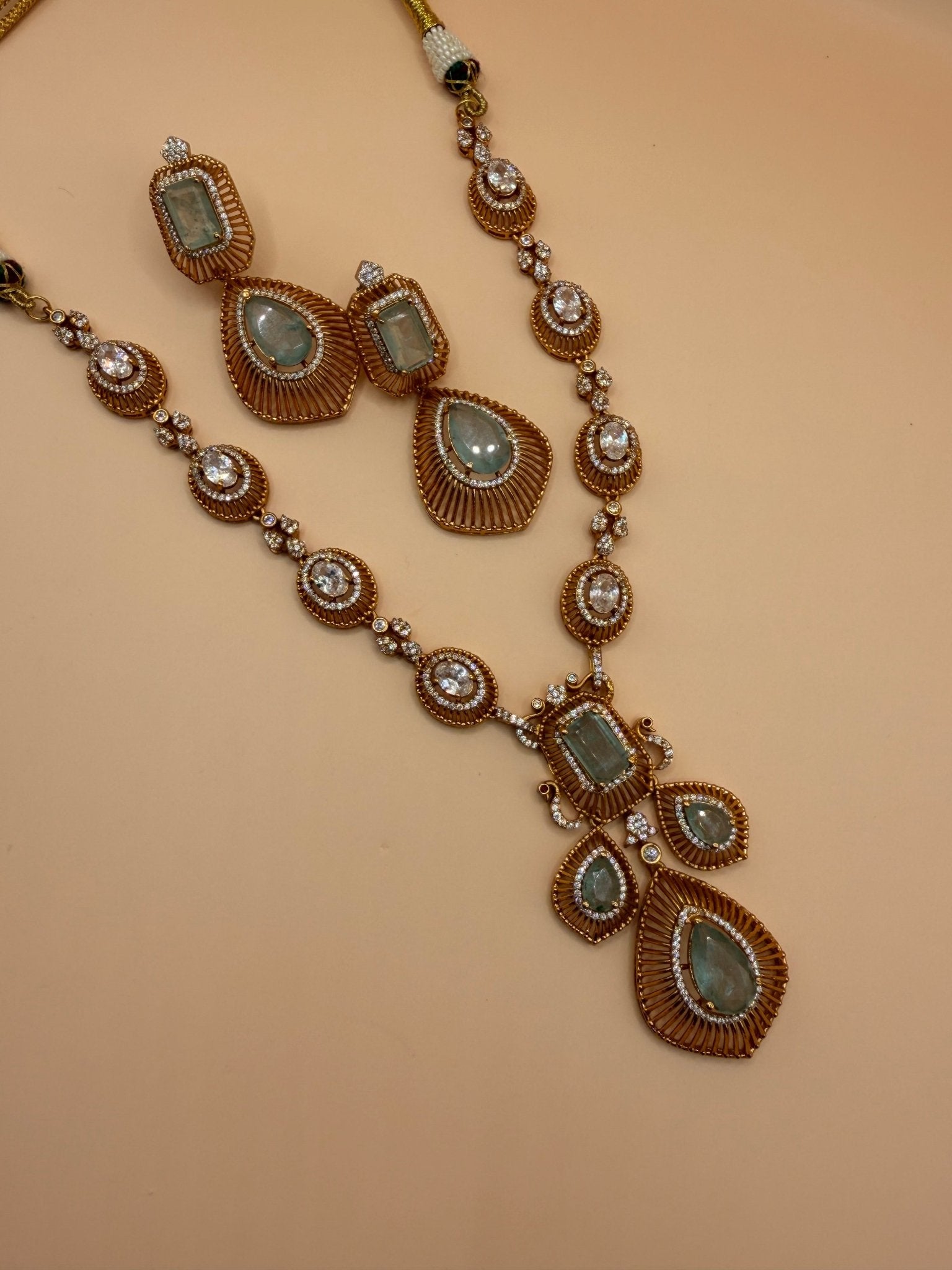 Aqua Stone &amp; Zircon Gold-Plated Statement Necklace Set - Suramya