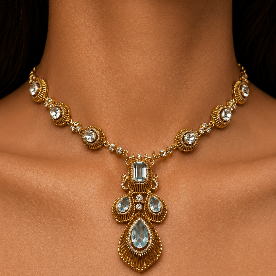 Aqua Stone &amp; Zircon Gold-Plated Statement Necklace Set - Suramya