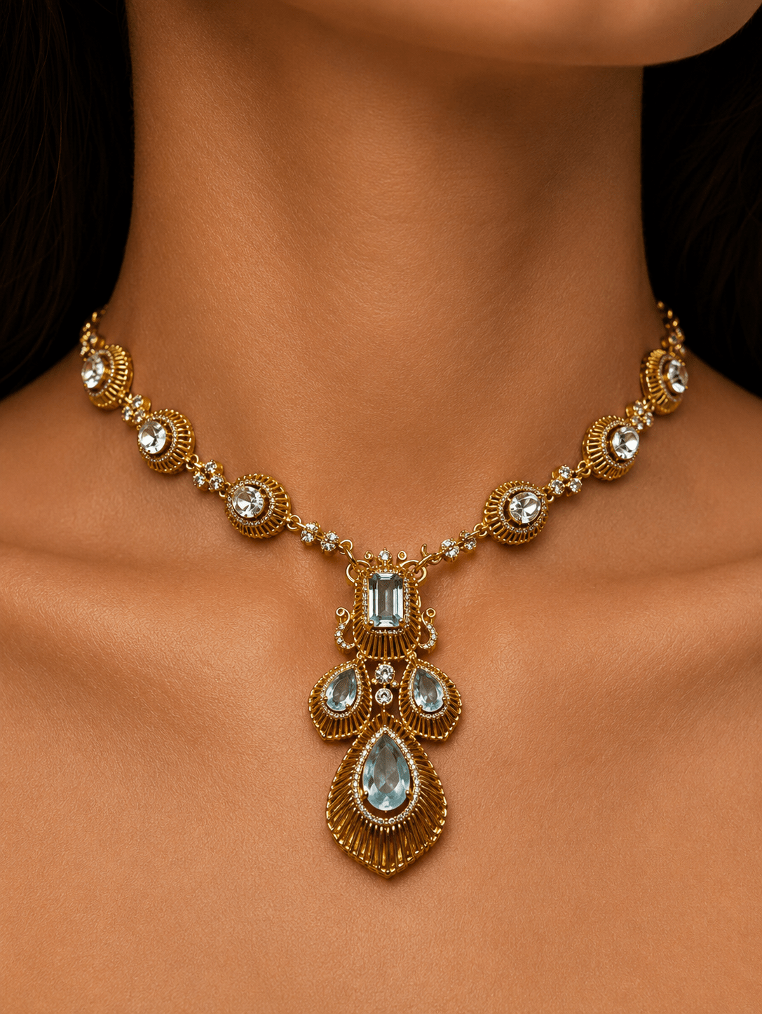 Aqua Stone &amp; Zircon Gold-Plated Statement Necklace Set - Suramya