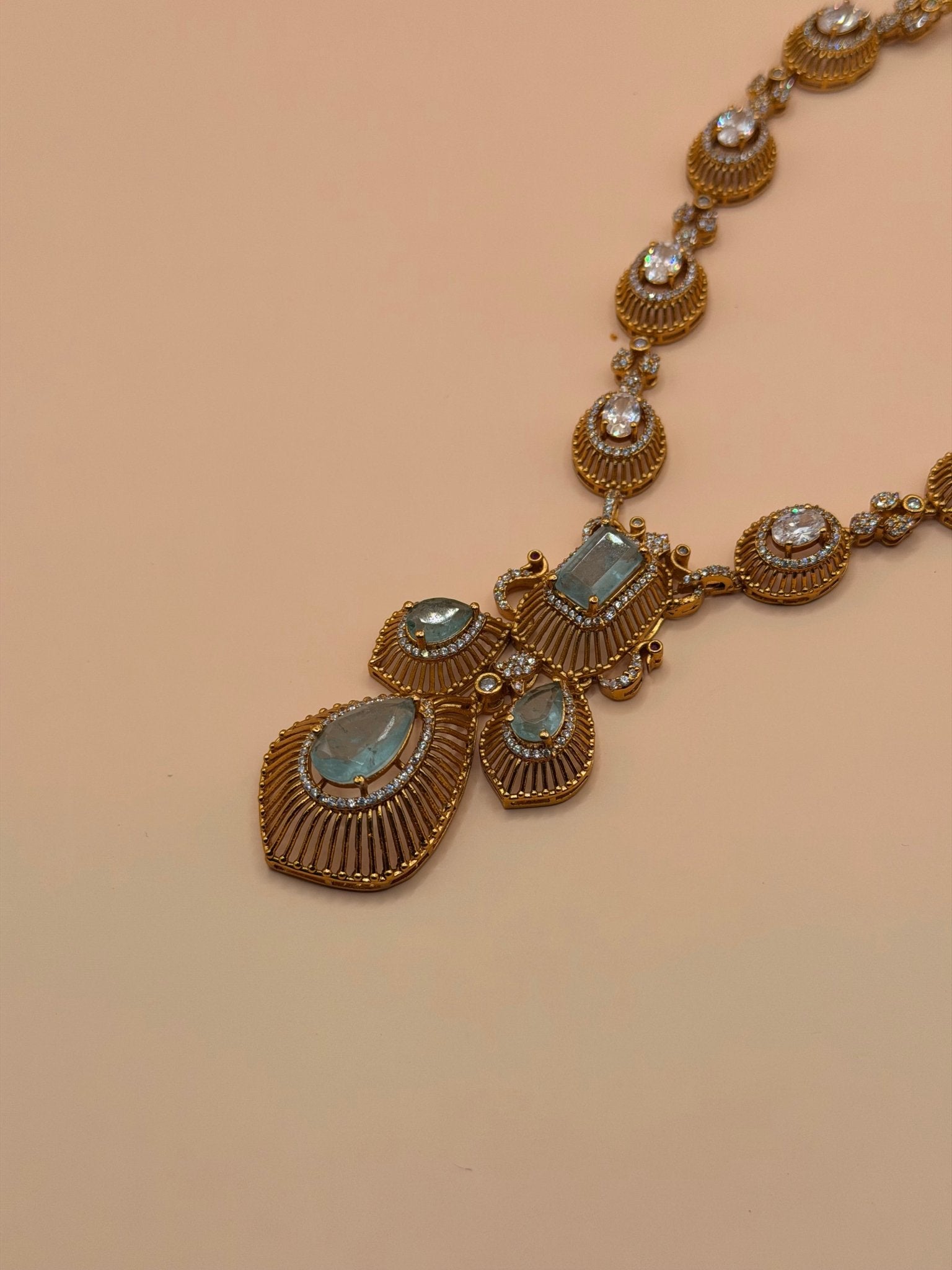 Aqua Stone &amp; Zircon Gold-Plated Statement Necklace Set - Suramya