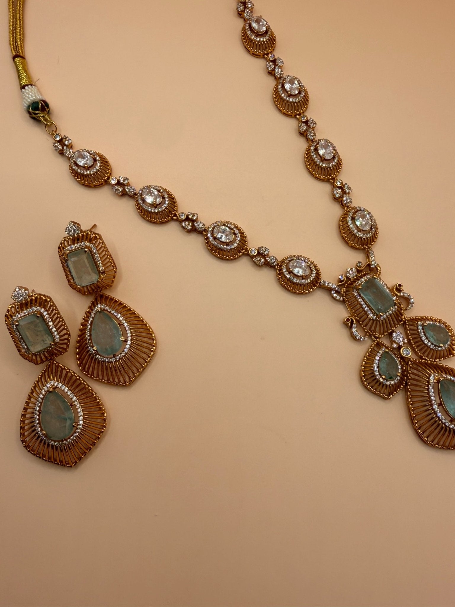 Aqua Stone &amp; Zircon Gold-Plated Statement Necklace Set - Suramya