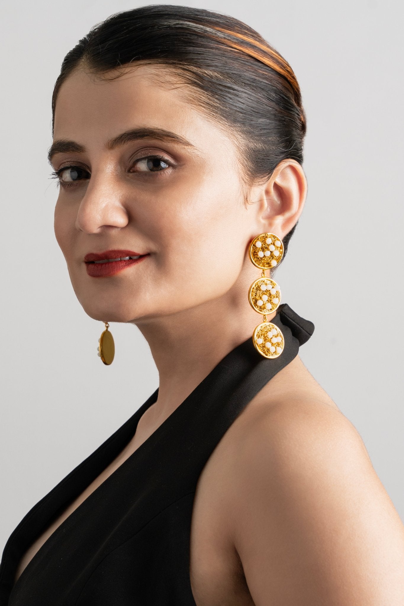 Beaded White Mesh Danglers - Suramya