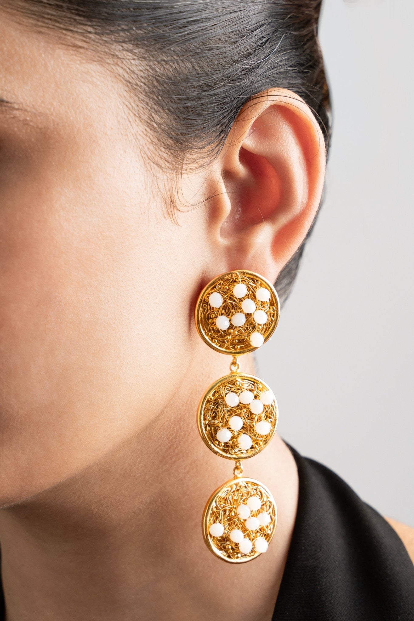Beaded White Mesh Danglers - Suramya