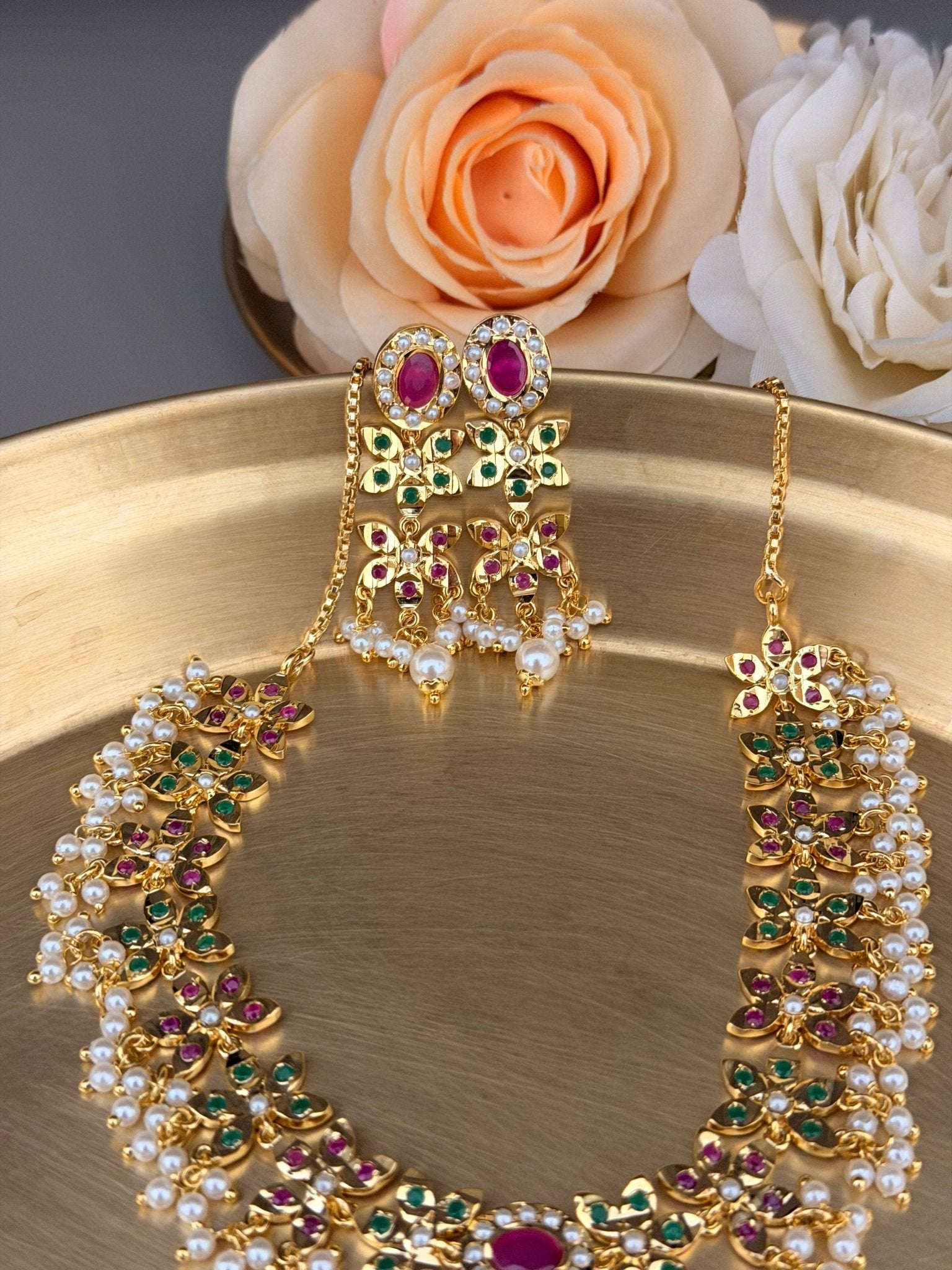 Delicate Navratan Jadua Pearl Necklace Set - Suramya