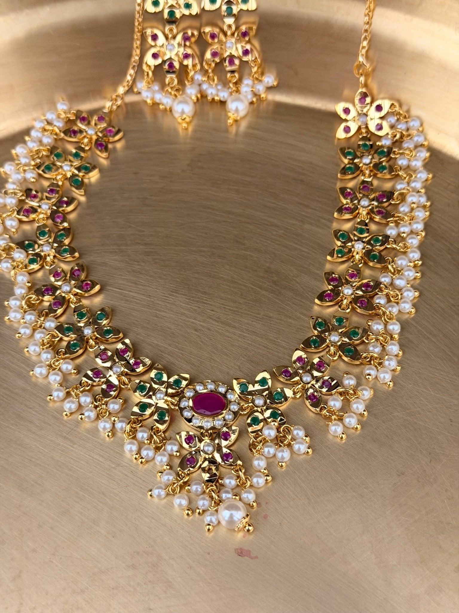Delicate Navratan Jadua Pearl Necklace Set - Suramya