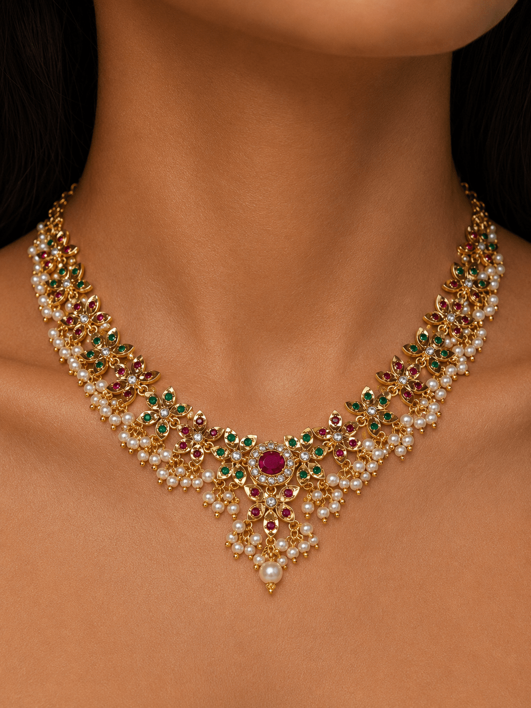 Delicate Navratan Jadua Pearl Necklace Set - Suramya