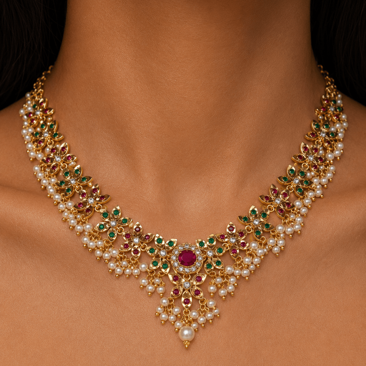 Delicate Navratan Jadua Pearl Necklace Set - Suramya
