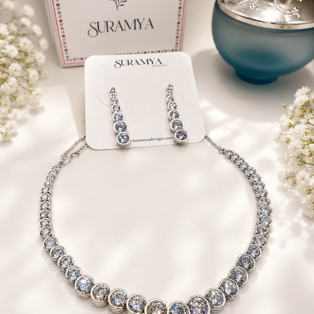 Zircon Diamond Single Line Tennis Necklace Set (Necklace & Earrings)