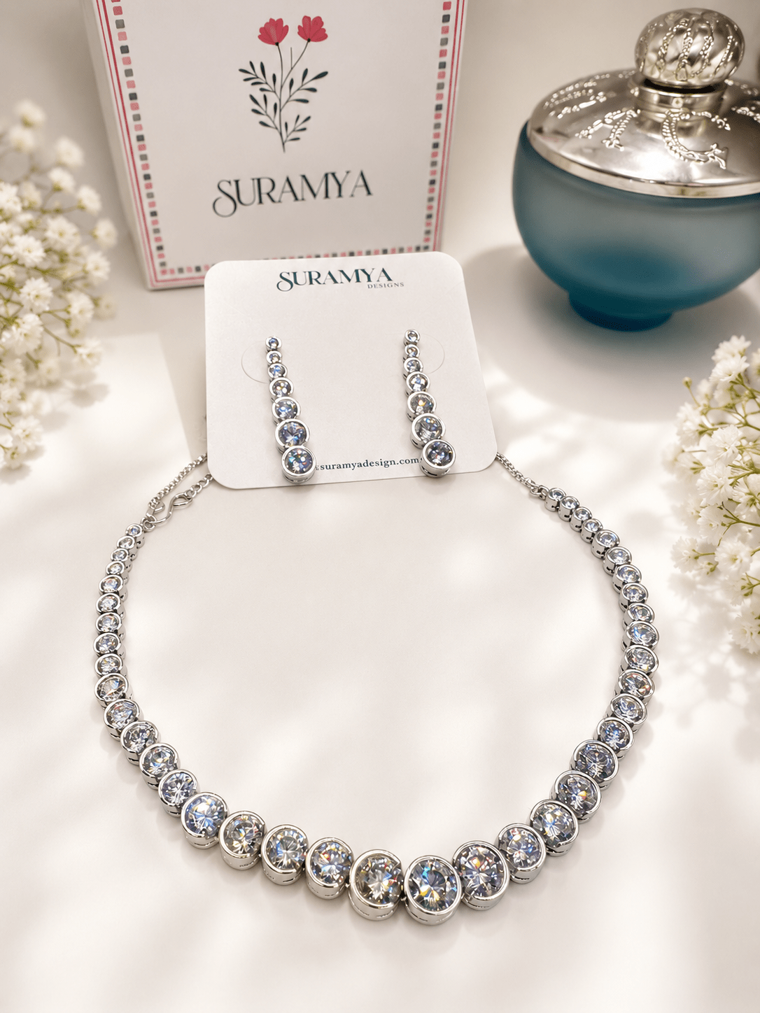 Zircon Diamond Single Line Tennis Necklace Set (Necklace & Earrings)
