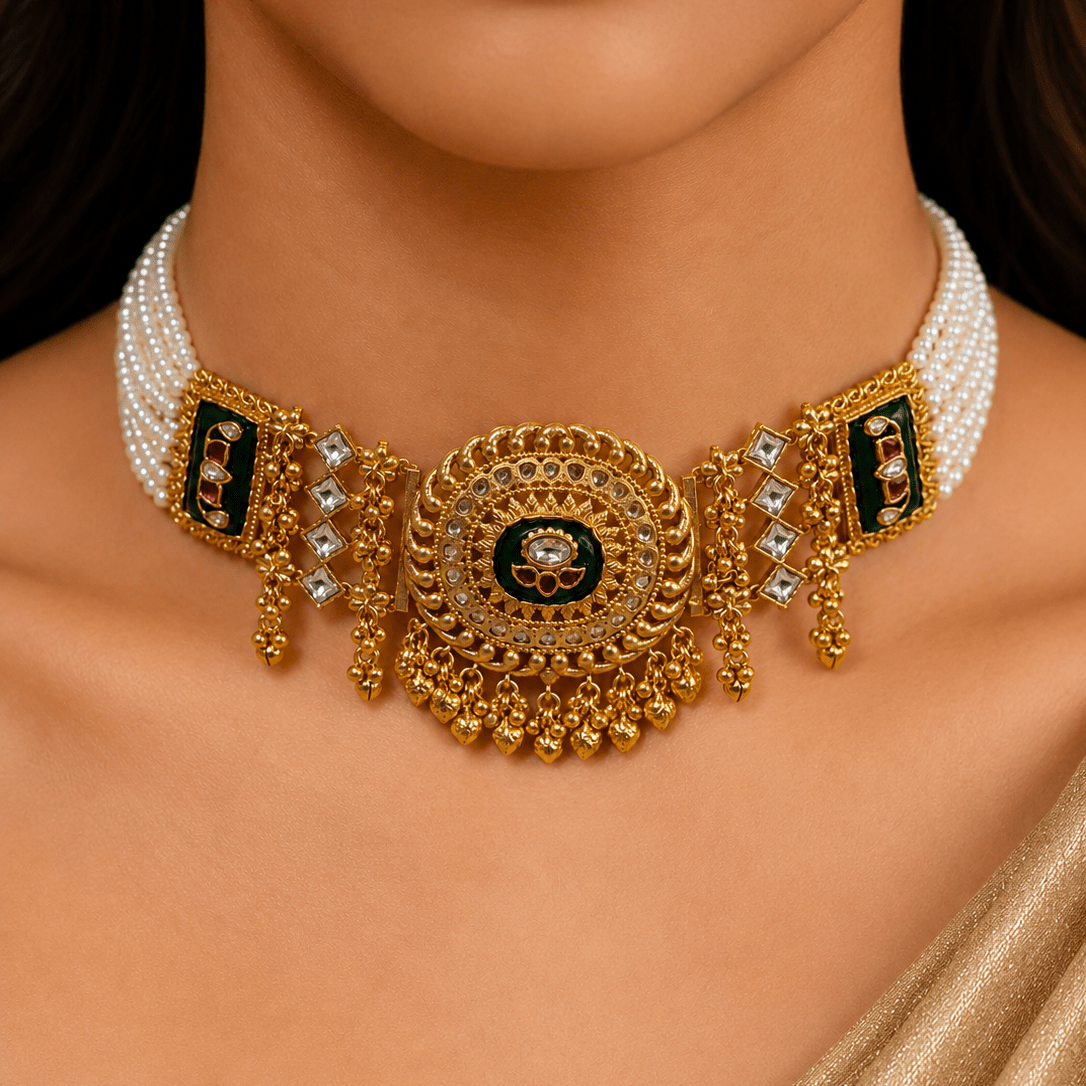 Emerald Green Kundan Ghunghroo Pearl Choker Set - Suramya Designs