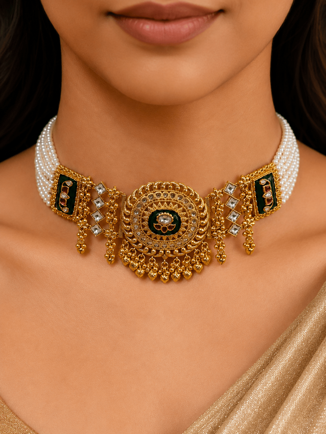 Emerald Green Kundan Ghunghroo Pearl Choker Set - Suramya Designs
