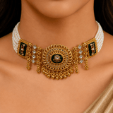 Emerald Green Kundan Ghunghroo Pearl Choker Set - Suramya Designs