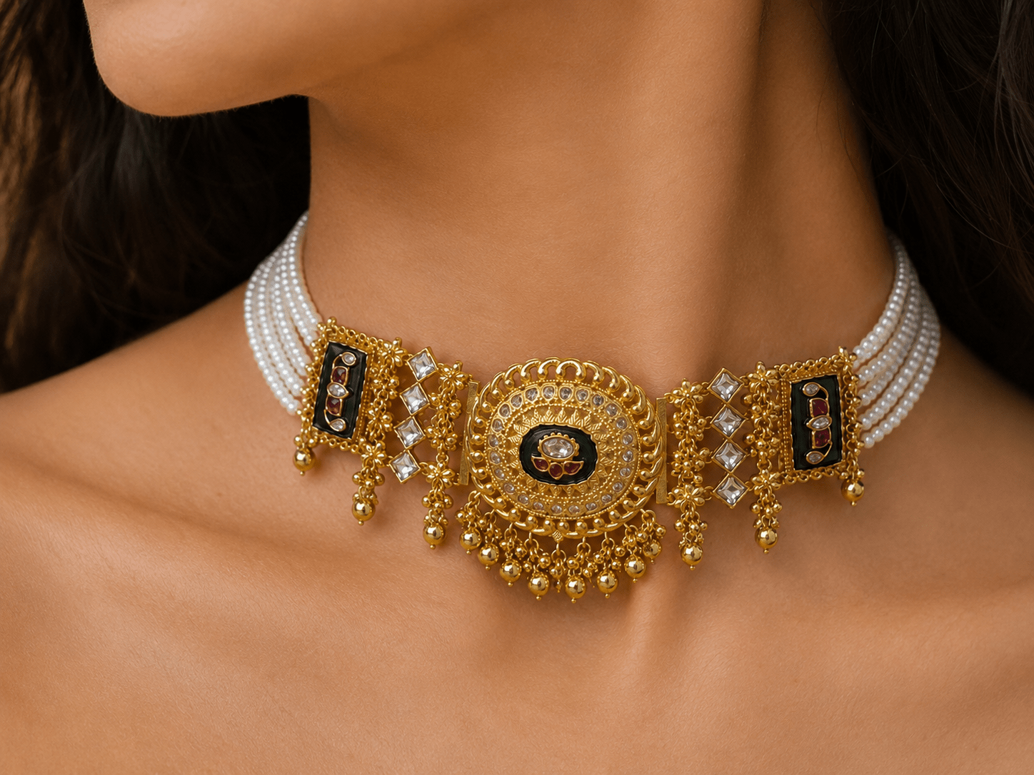 Emerald Green Kundan Ghunghroo Pearl Choker Set - Suramya