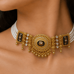 Emerald Green Kundan Ghunghroo Pearl Choker Set - Suramya