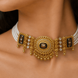 Emerald Green Kundan Ghunghroo Pearl Choker Set - Suramya