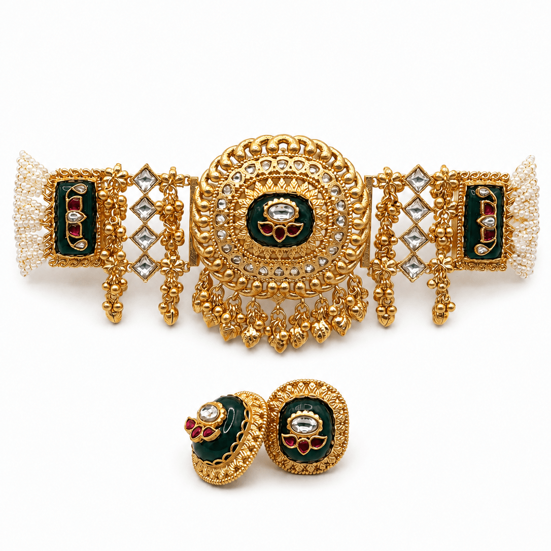 Emerald Green Kundan Ghunghroo Pearl Choker Set - Suramya Designs