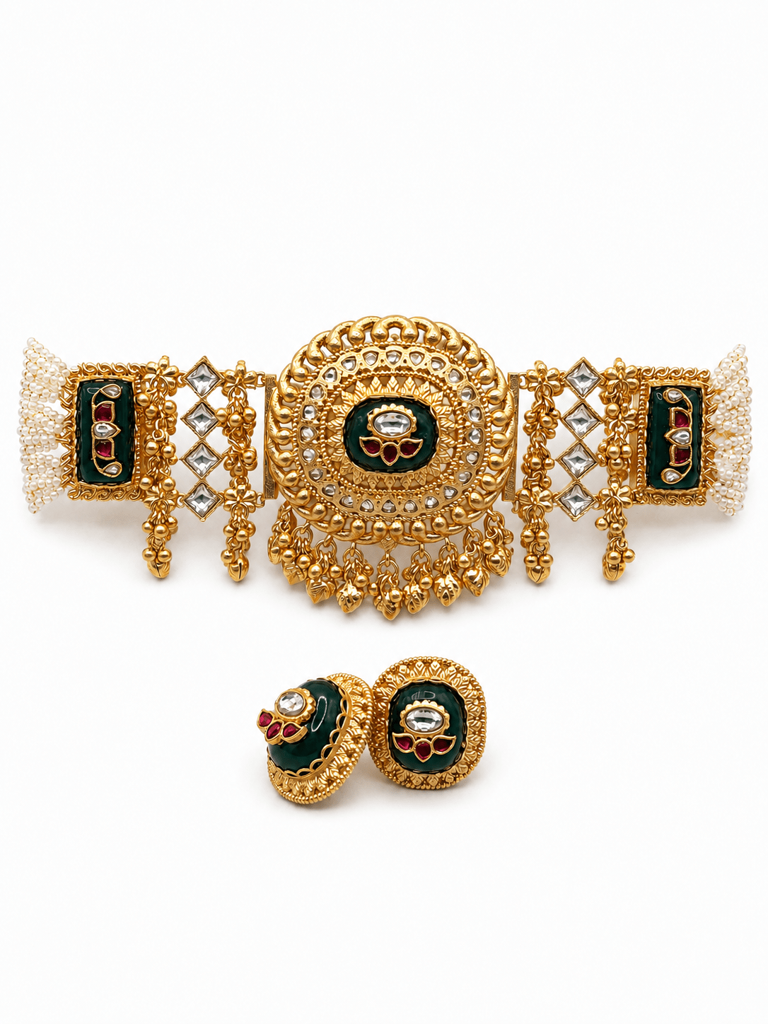Emerald Green Kundan Ghunghroo Pearl Choker Set - Suramya Designs