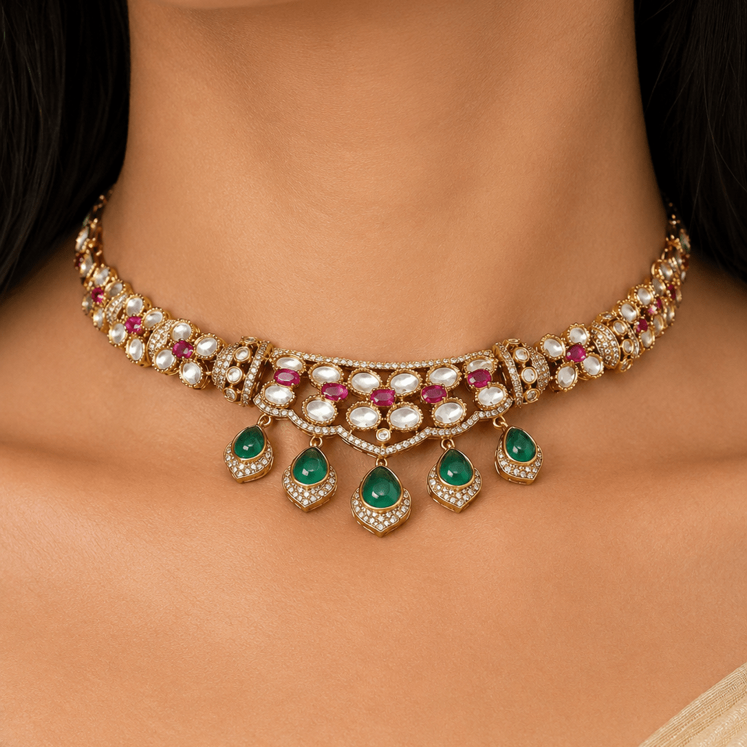 Emerald Green Kundan Polki Choker Set - Suramya
