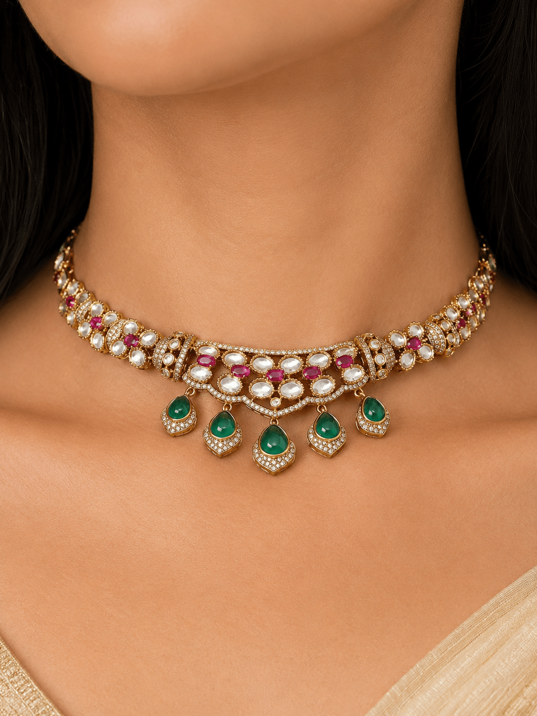 Emerald Green Kundan Polki Choker Set - Suramya