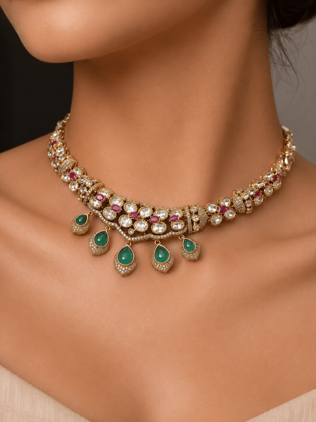 Emerald Green Kundan Polki Choker Set - Suramya