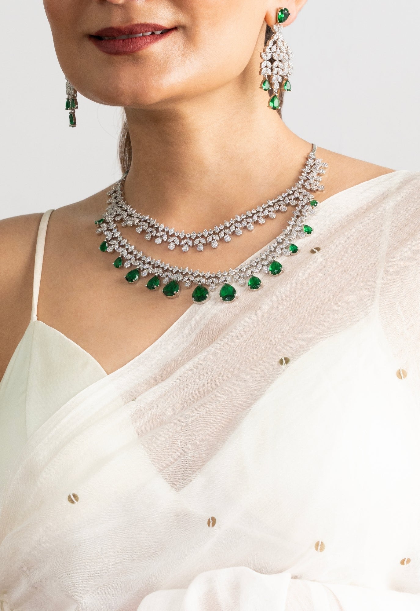 Evara Emerald Drop Diamond-Finish Necklace Set - Suramya