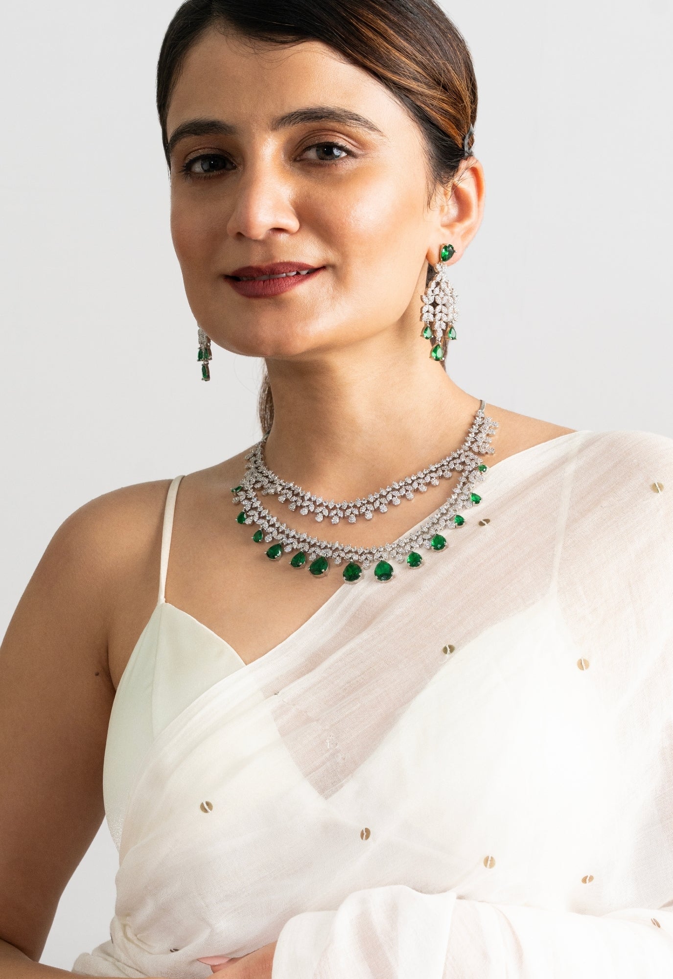 Evara Emerald Drop Diamond-Finish Necklace Set - Suramya