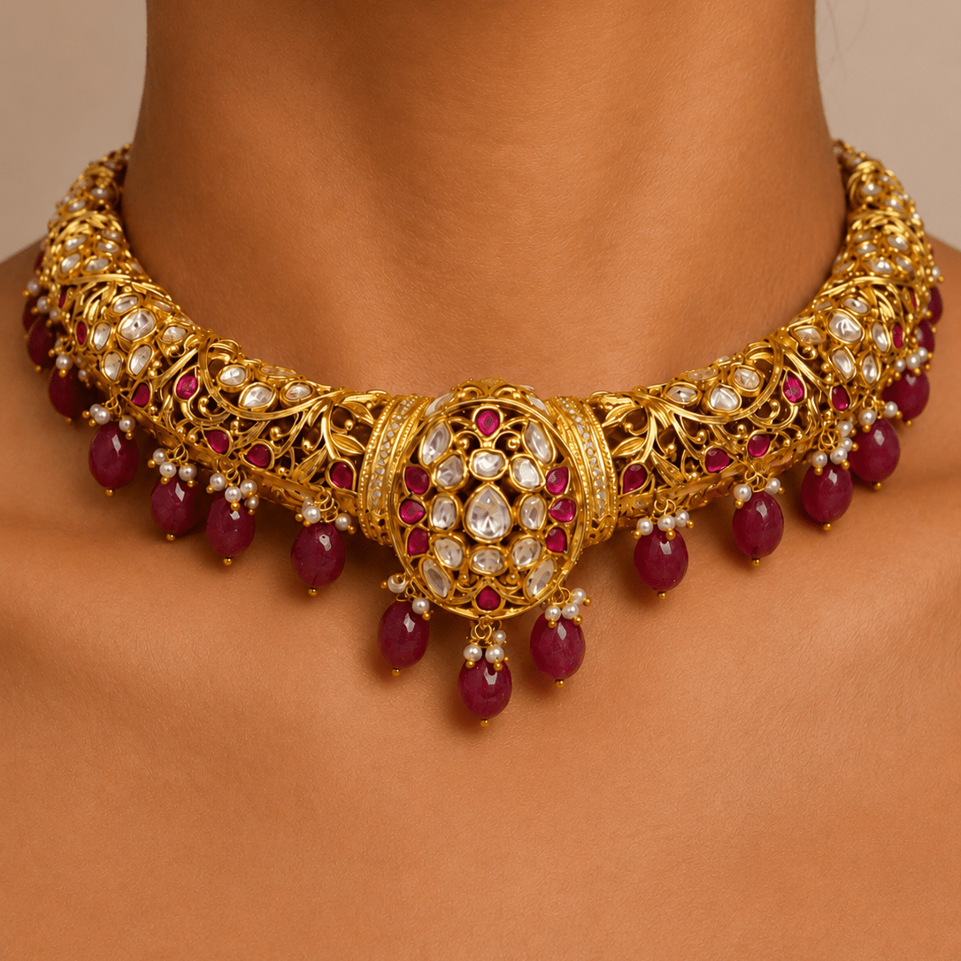 Heritage Ruby Kundan Hasli Choker Set - Suramya Designs