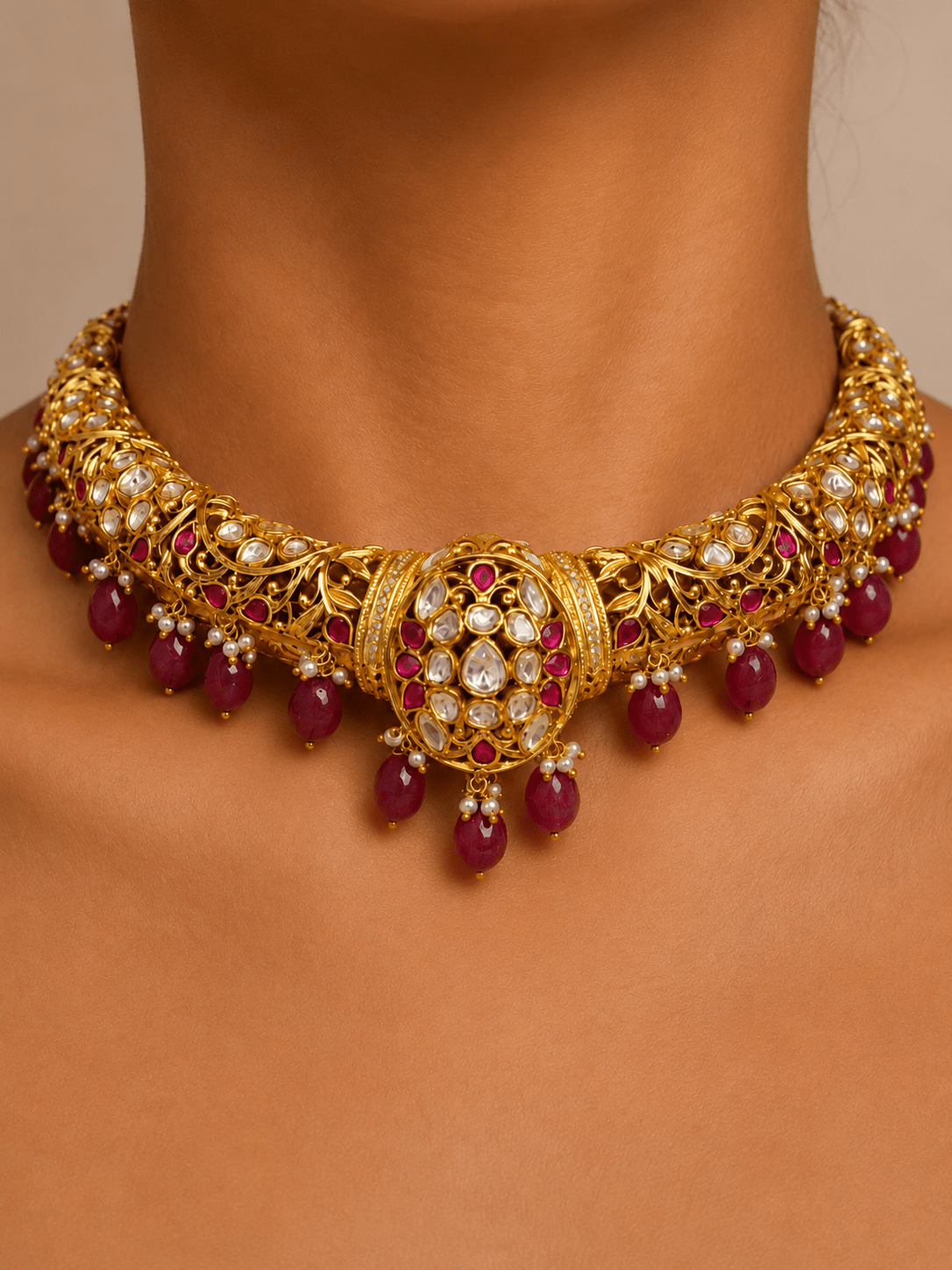 Heritage Ruby Kundan Hasli Choker Set - Suramya Designs