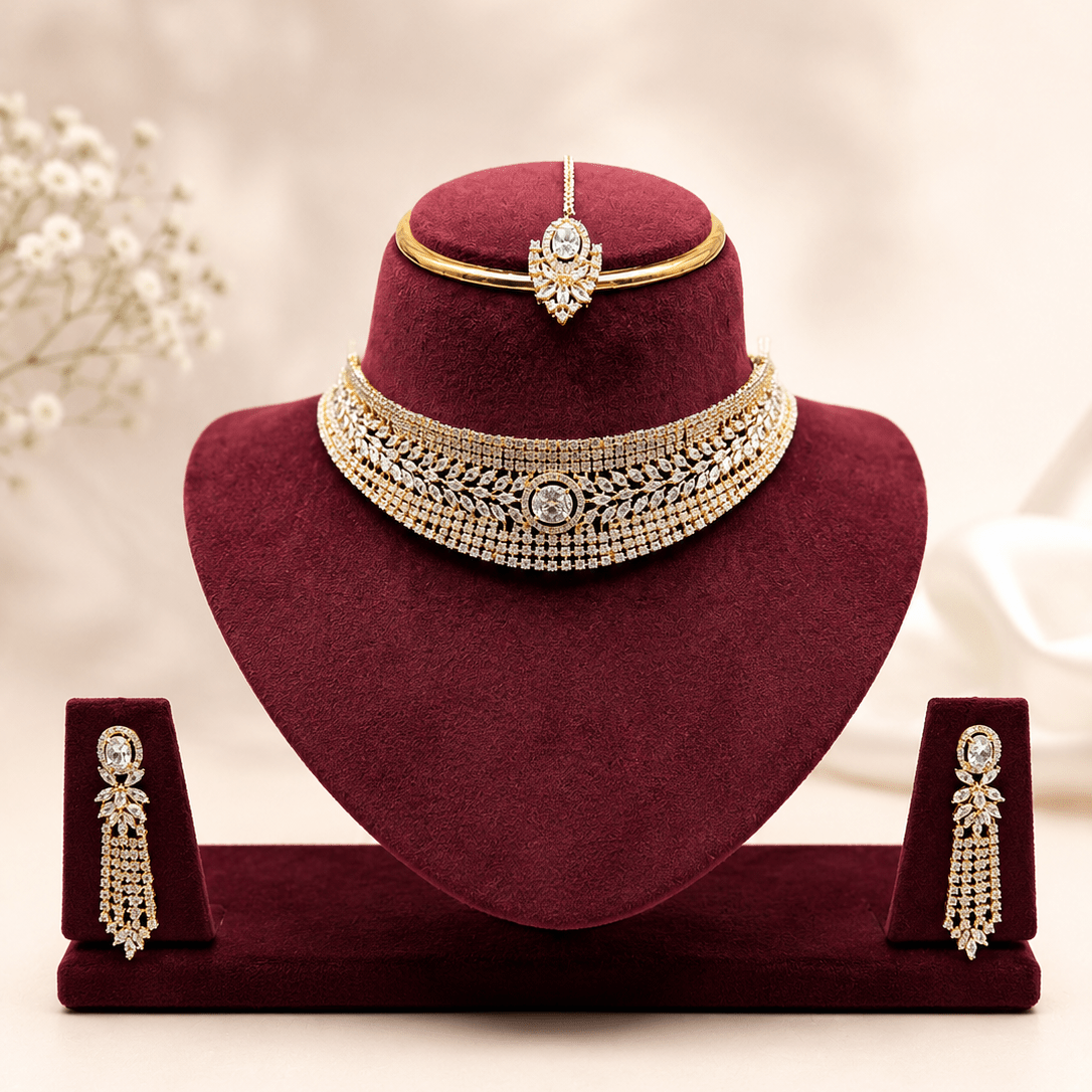 Zircon Detailed Grand Choker Necklace Set (Necklace & Earrings)