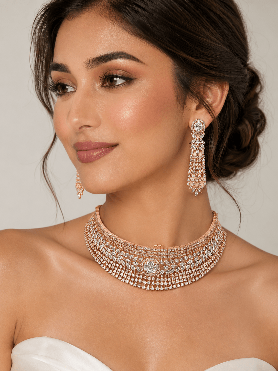 Zircon Detailed Grand Choker Necklace Set (Necklace & Earrings)