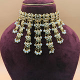 Jadau White AD Pearl Tassel Choker Necklace Set - Suramya