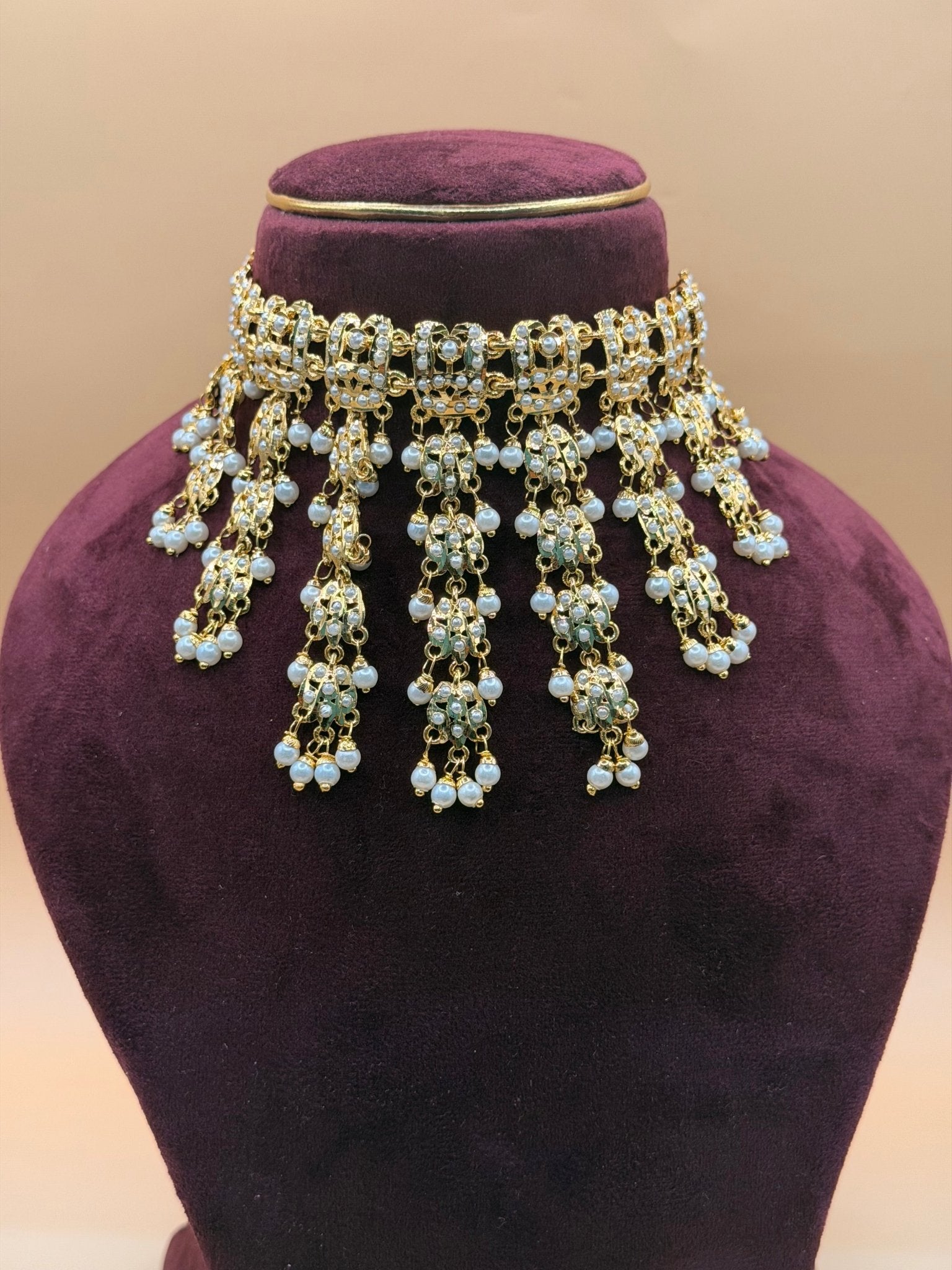 Jadau White AD Pearl Tassel Choker Necklace Set - Suramya