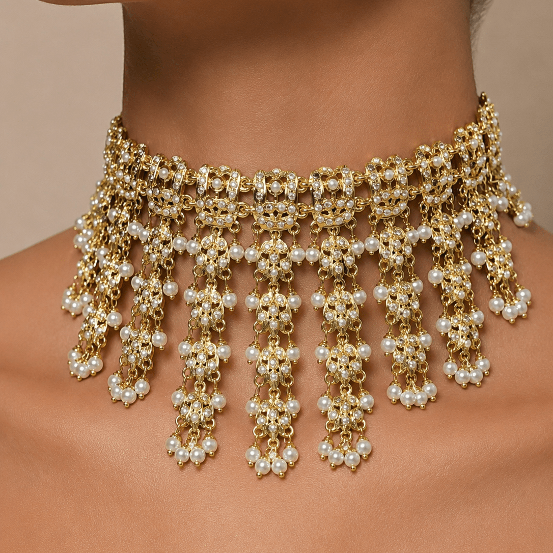 Jadau White AD Pearl Tassel Choker Necklace Set - Suramya