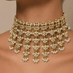 Jadau White AD Pearl Tassel Choker Necklace Set - Suramya