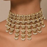 Jadau White AD Pearl Tassel Choker Necklace Set - Suramya