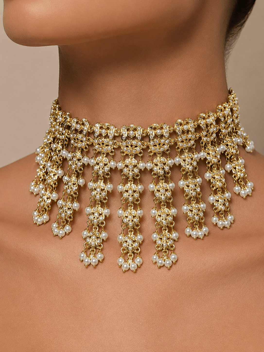 Jadau White AD Pearl Tassel Choker Necklace Set - Suramya