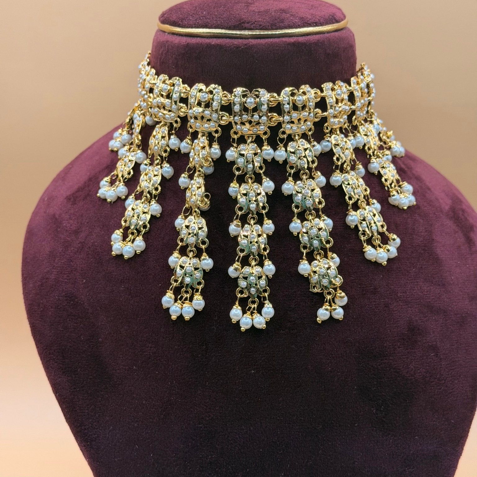 Jadau White AD Pearl Tassel Choker Necklace Set - Suramya