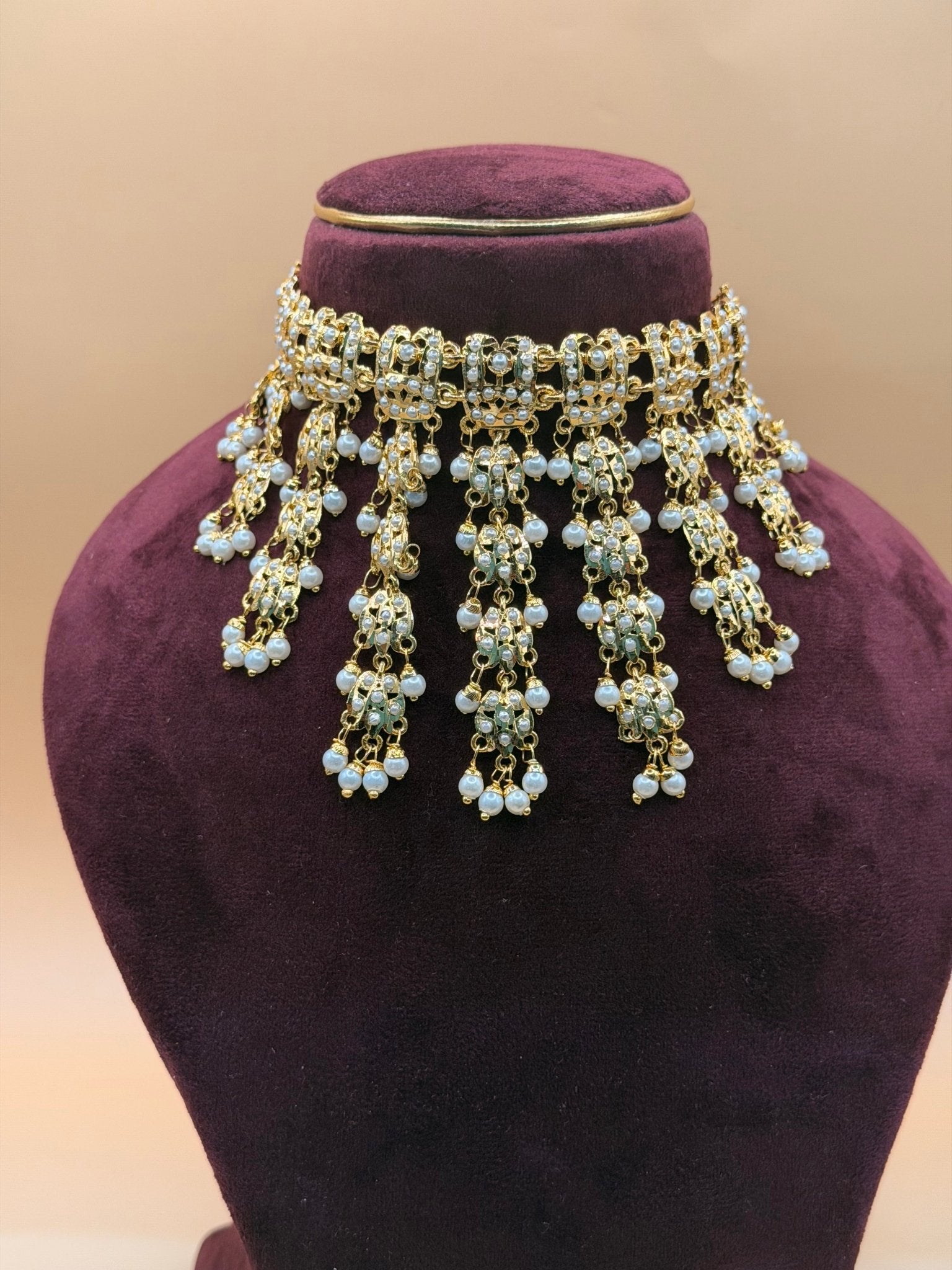 Jadau White AD Pearl Tassel Choker Necklace Set - Suramya